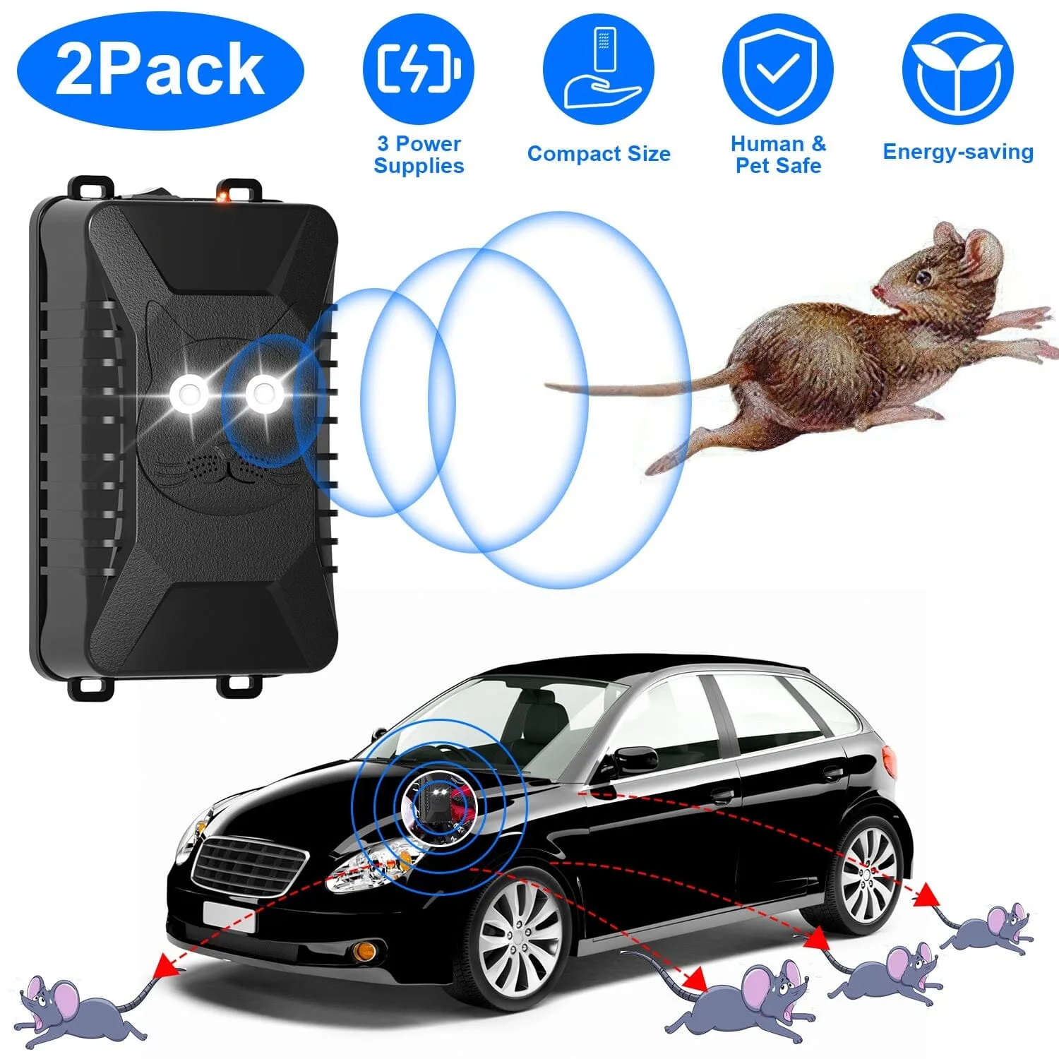 2-Pack: Under Hood Ultrasonic Repellent with 3 Power Supplies