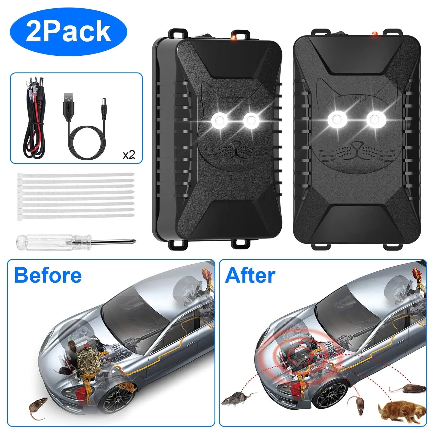 2-Pack: Under Hood Ultrasonic Repellent with 3 Power Supplies