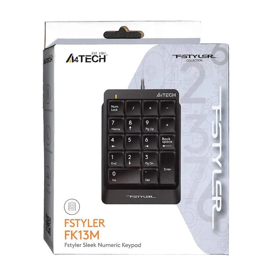 A4Tech FK13M FStyler Sleek Numeric Keypad (Black)   70cm Retractable Cable