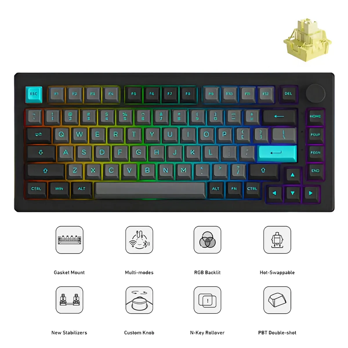 Akko Black & Cyan 5075B Plus Multi-Mode RGB Hot-Swappable Mechanical Keyboard (Akko V3 Cream Yellow Pro)