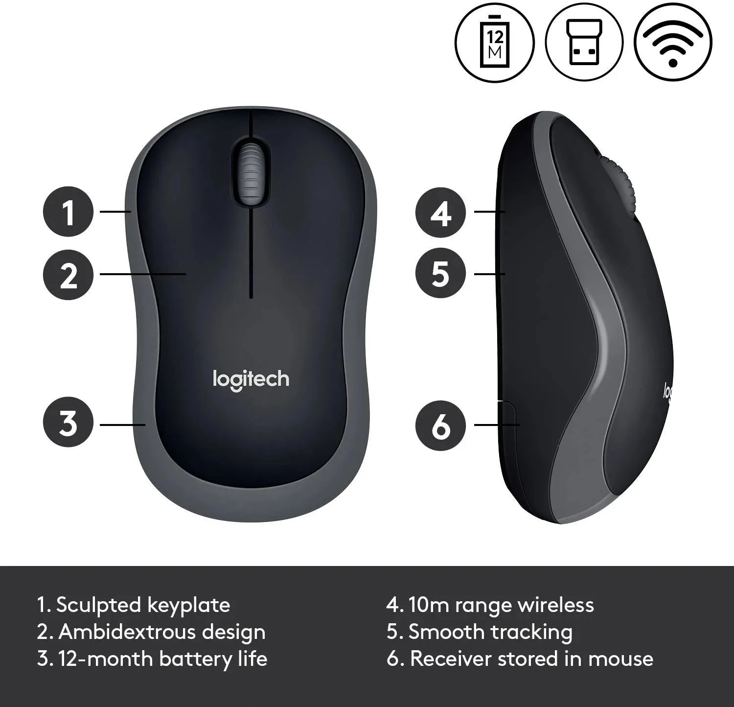 Black/Grey Wireless Optical Mouse with USB Nano Receiver - Logitech