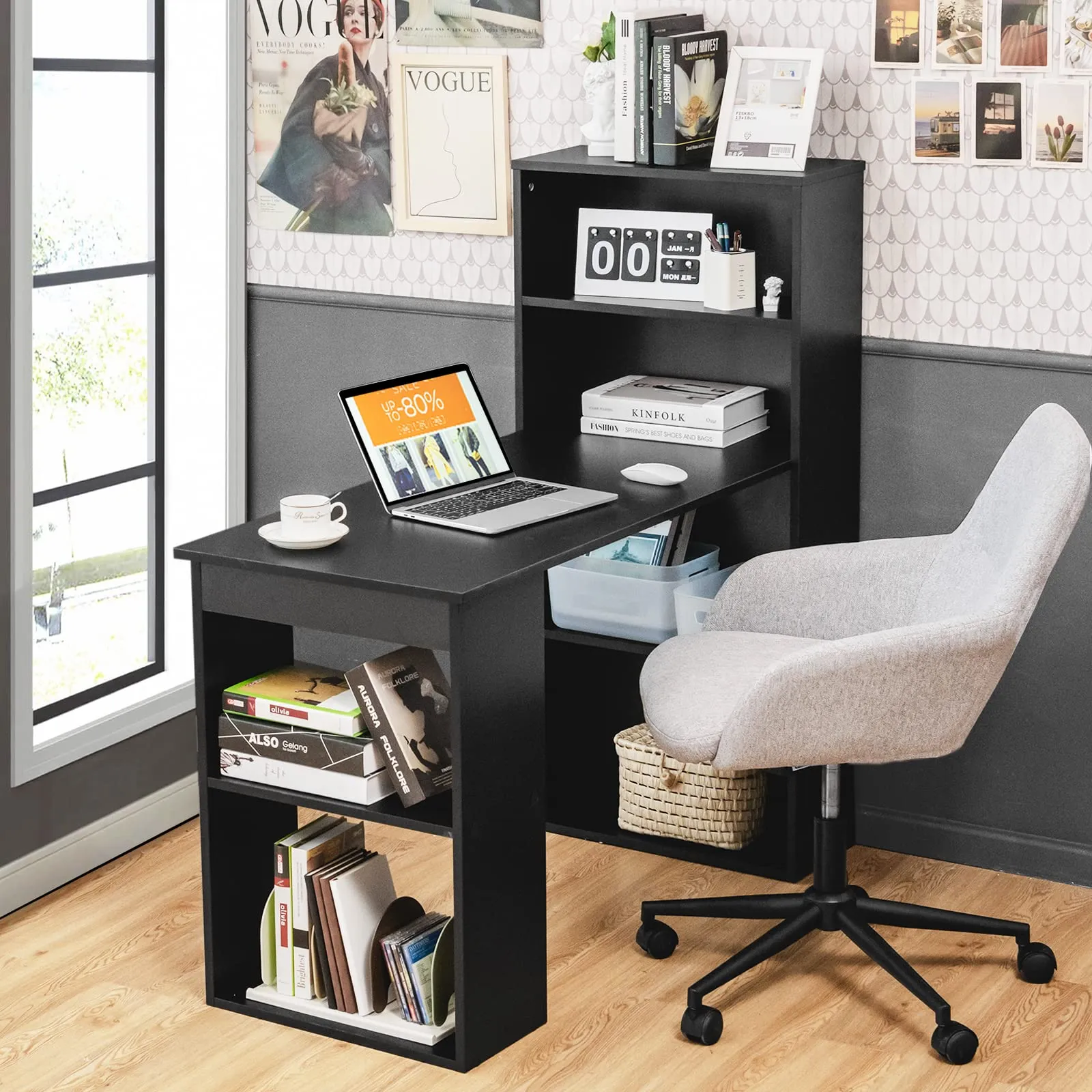 Computer Desk with Bookcase, Writing Study Desk with Storage Shelves & CPU Stand