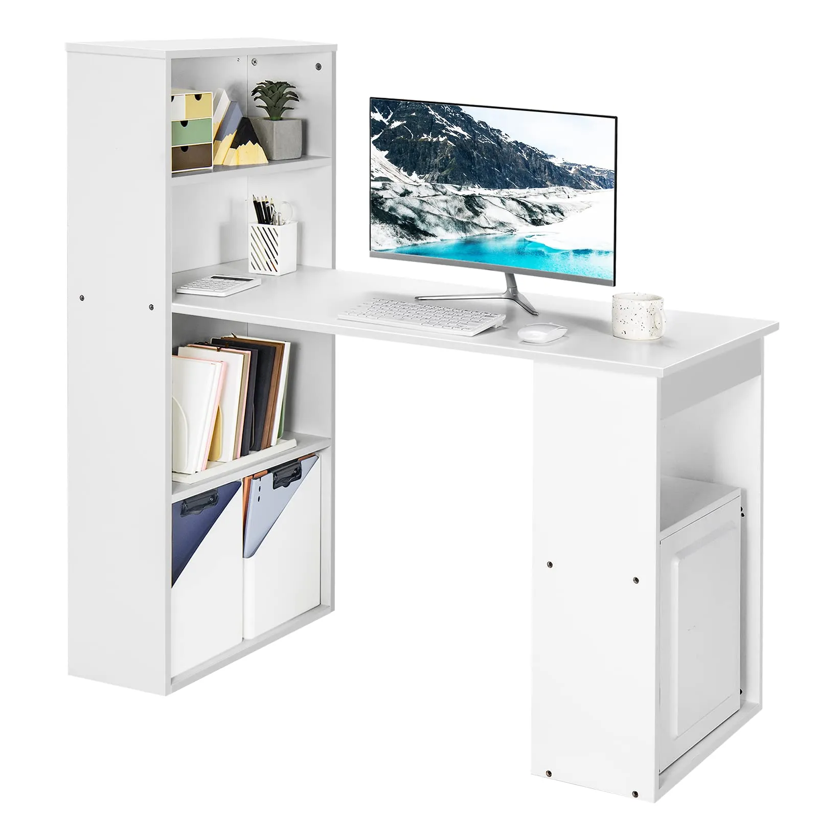 Computer Desk with Bookcase, Writing Study Desk with Storage Shelves & CPU Stand