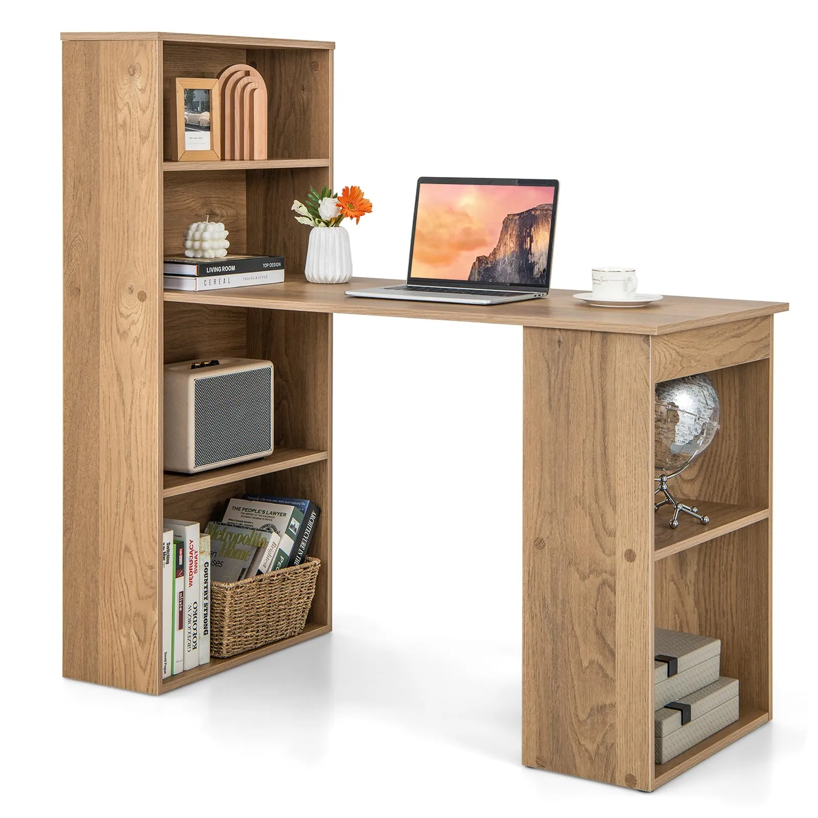 Computer Desk with Bookcase, Writing Study Desk with Storage Shelves & CPU Stand