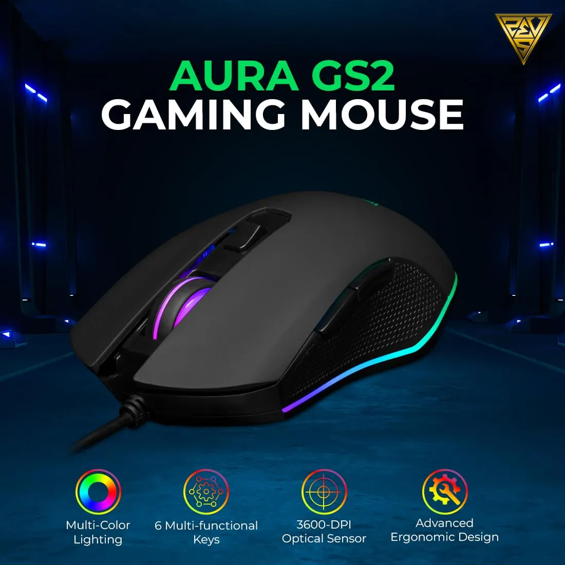 Gamdias Aura GS2 Multicolor Wired Gaming Mouse with 3600-DPI Optical Sensor | Advanced Ergonomic Design - Black