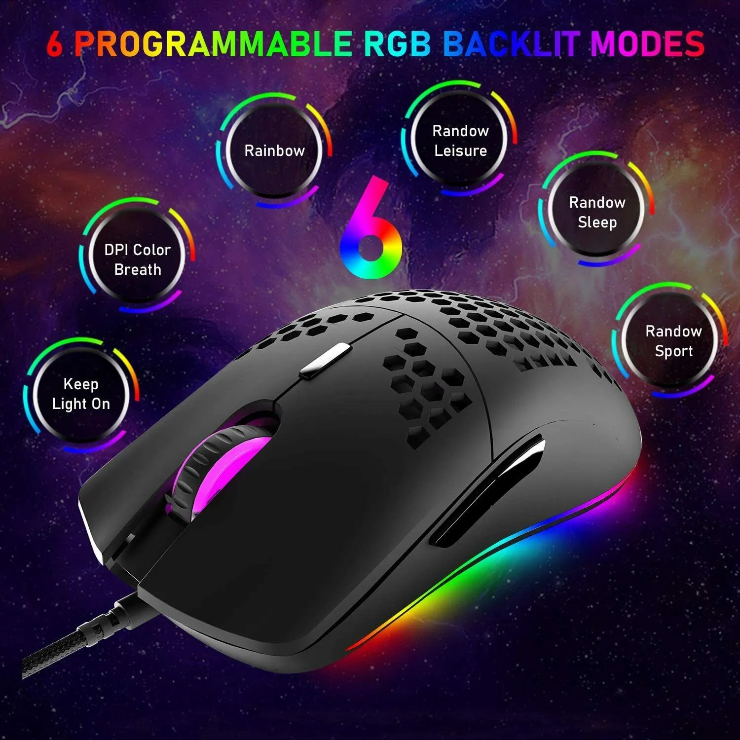 Gaming Mice Mouse 6400 DPI USB RGB Flowing Backlit Light Wired PC Laptop PS4 PS5 Random Color