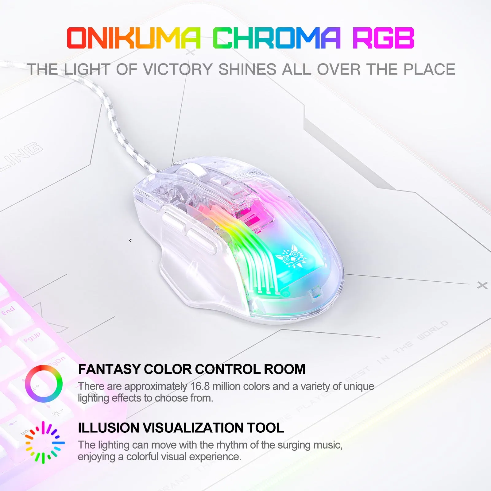 ONIKUMA CW923 Wired RGB Gaming Mouse, 12800 DPI Esports PC Mice for Laptop, Full Body Transparent Design