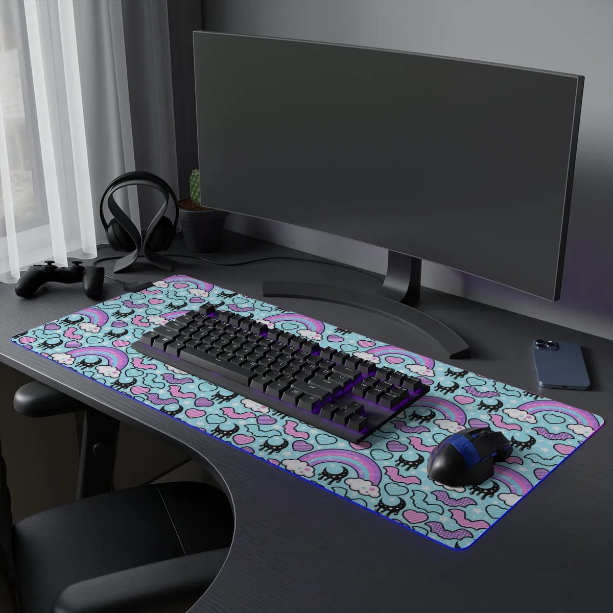 Rainbow Spooky Bats Blue LED Gaming Mouse Pad