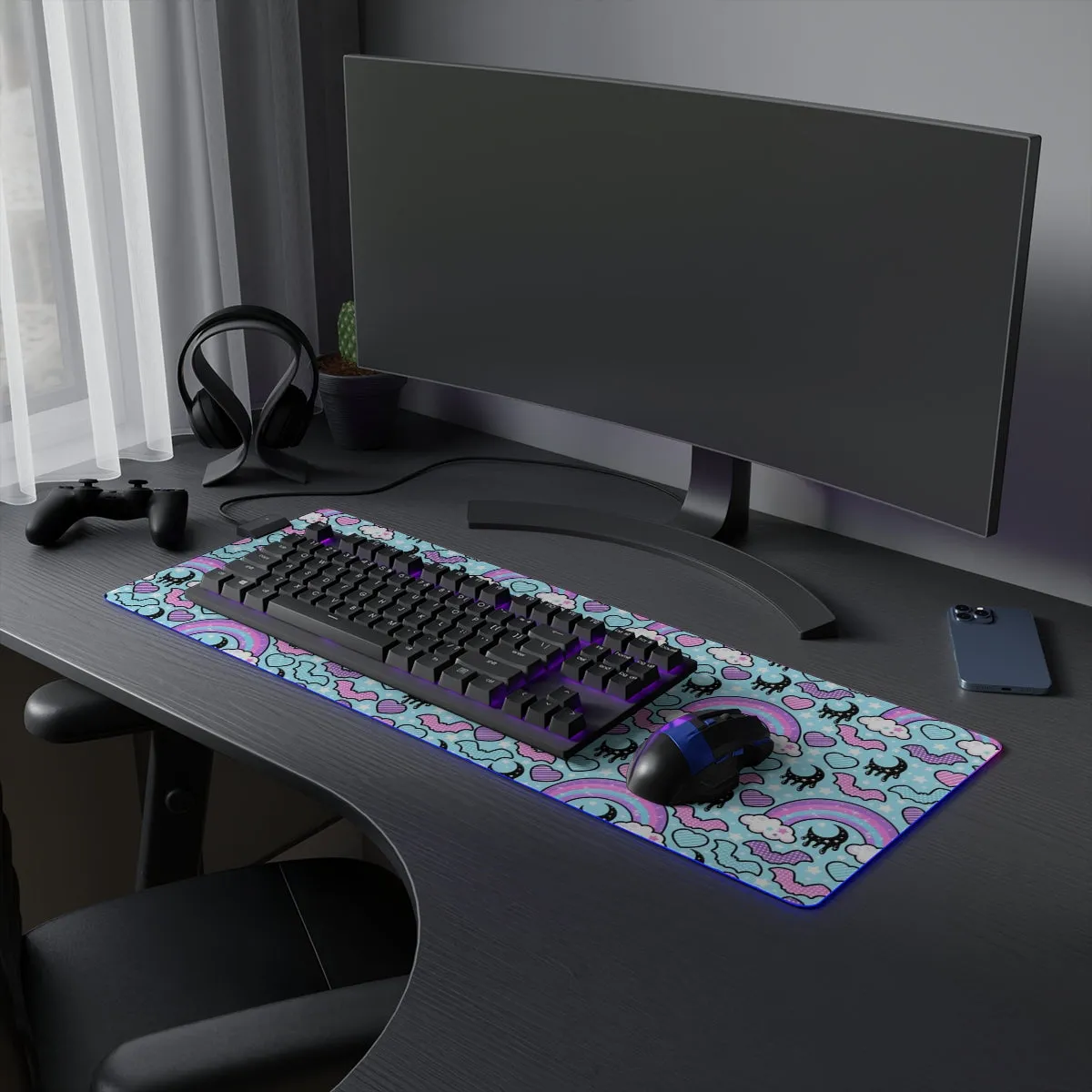 Rainbow Spooky Bats Blue LED Gaming Mouse Pad