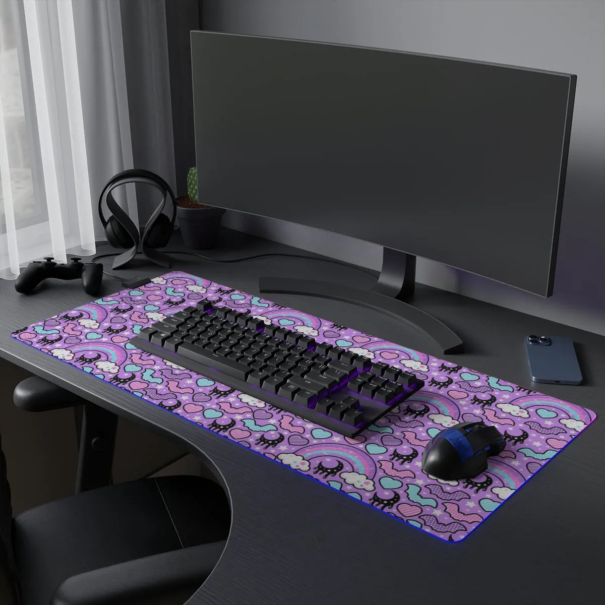 Rainbow Spooky Bats Purple LED Gaming Mouse Pad