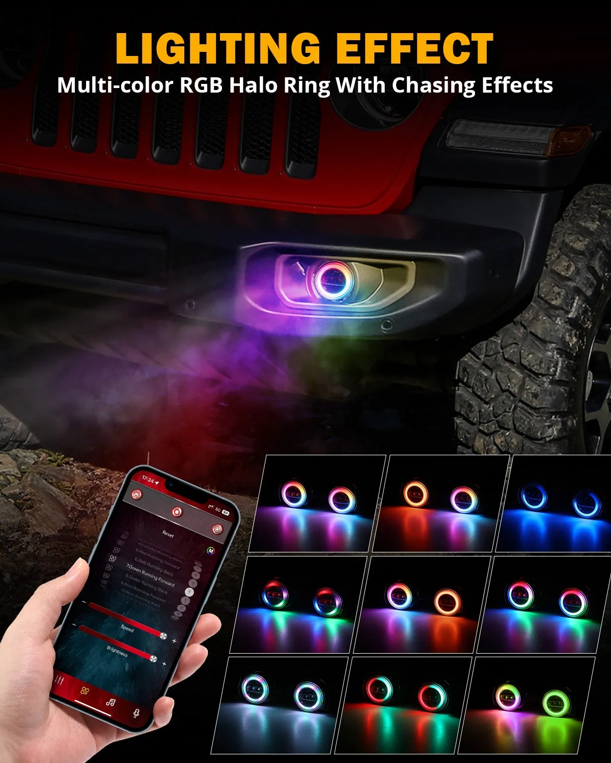 Upgraded 4 Inch LED Fog Lights with RGB Halo Ring & Turn Signal Light, Bluetooth Control for Jeep Wrangler JL 2018-2024