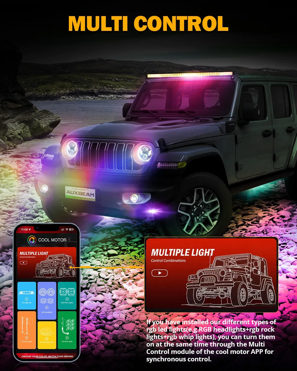 Upgraded 4 Inch LED Fog Lights with RGB Halo Ring & Turn Signal Light, Bluetooth Control for Jeep Wrangler JL 2018-2024