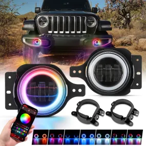 Upgraded 4 Inch LED Fog Lights with RGB Halo Ring & Turn Signal Light, Bluetooth Control for Jeep Wrangler JL 2018-2024