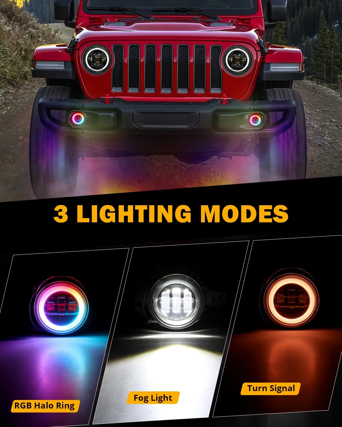 Upgraded 4 Inch LED Fog Lights with RGB Halo Ring & Turn Signal Light, Bluetooth Control for Jeep Wrangler JL 2018-2024