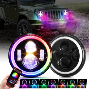 Upgraded 7 Inch Round LED Headlight with RGB Halo Ring for Jeep Wrangler JK TJ LJ