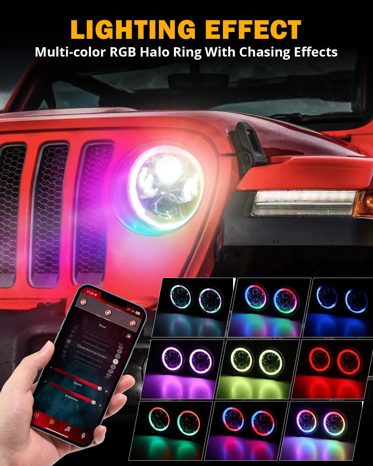 Upgraded 9 Inch Round LED Headlight with RGB Halo Ring for Jeep Wrangler JL