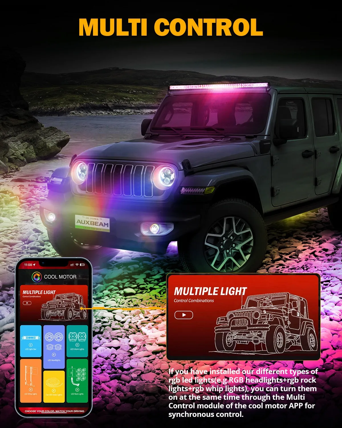 Upgraded 9 Inch Round LED Headlight with RGB Halo Ring for Jeep Wrangler JL