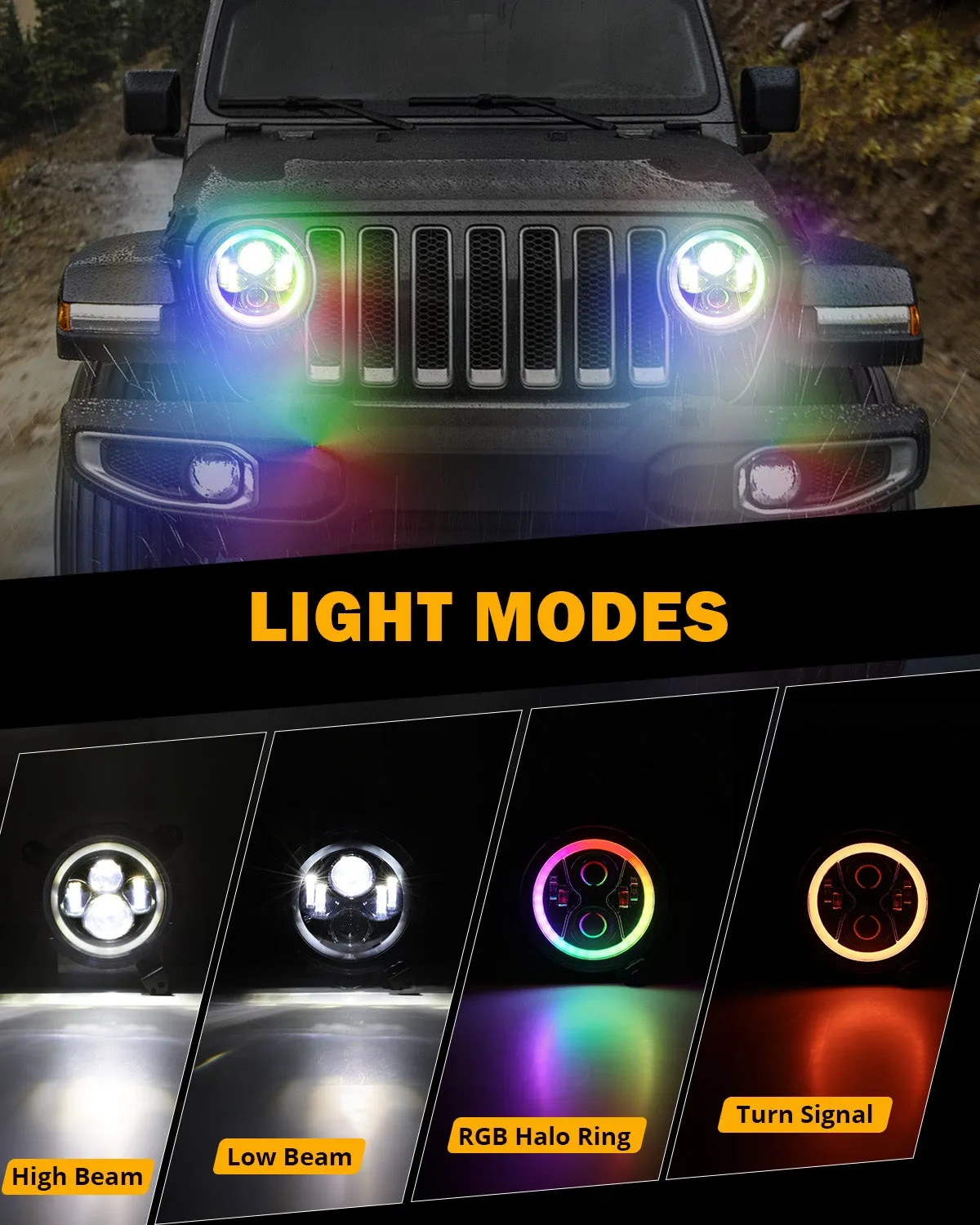 Upgraded 9 Inch Round LED Headlight with RGB Halo Ring for Jeep Wrangler JL