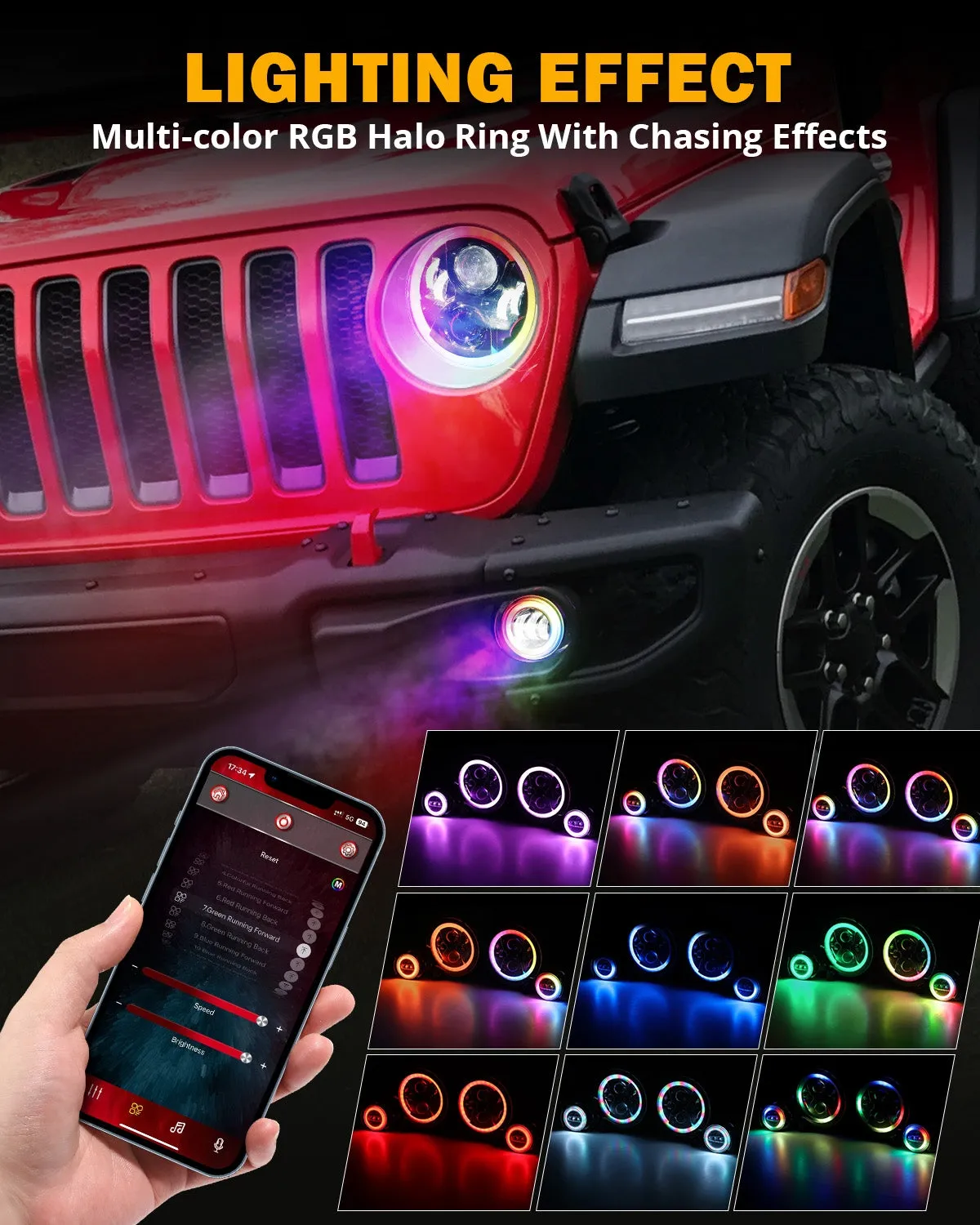 Upgraded RGB 9 Inch Headlights   4 Inch Fog Lights Combo for Jeep Wrangler JL with APP Control