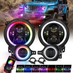 Upgraded RGB 9 Inch Headlights   4 Inch Fog Lights Combo for Jeep Wrangler JL with APP Control