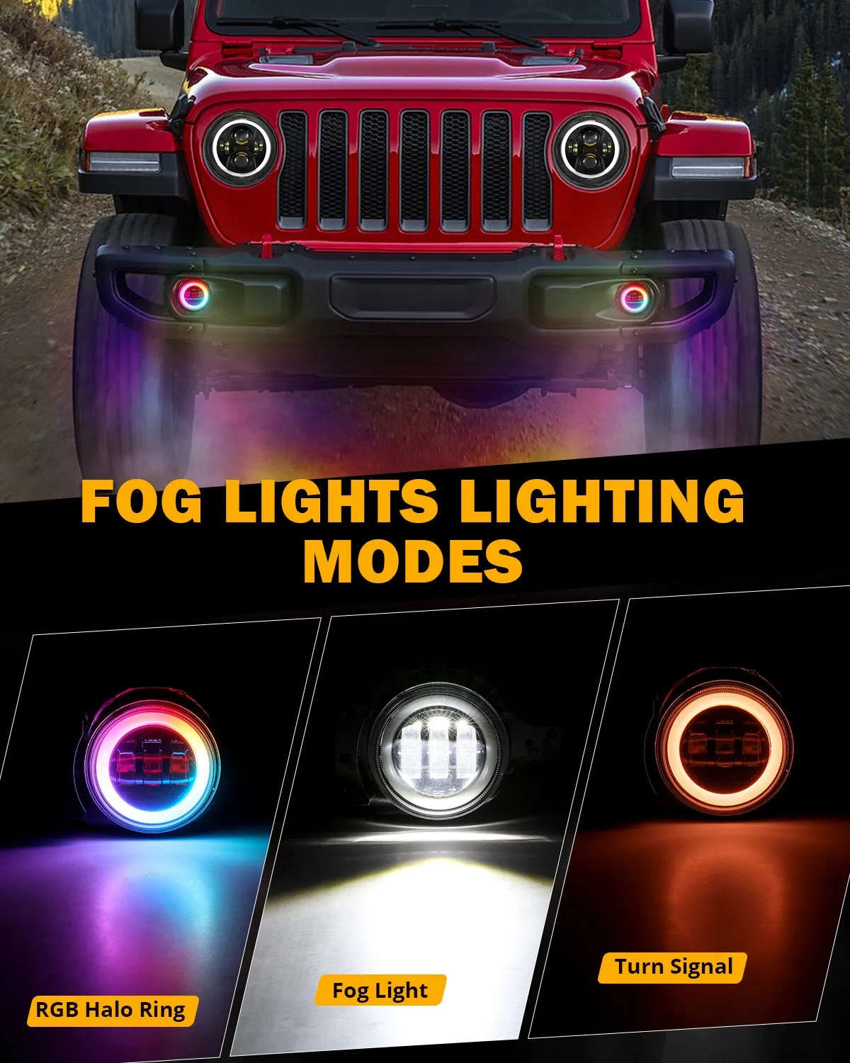 Upgraded RGB 9 Inch Headlights   4 Inch Fog Lights Combo for Jeep Wrangler JL with APP Control